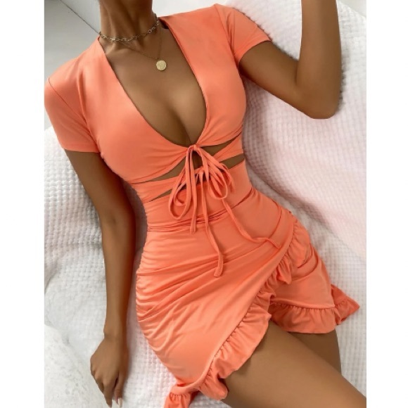 Boho tied cutout front wrap ruffle hem dress - Picture 5 of 6